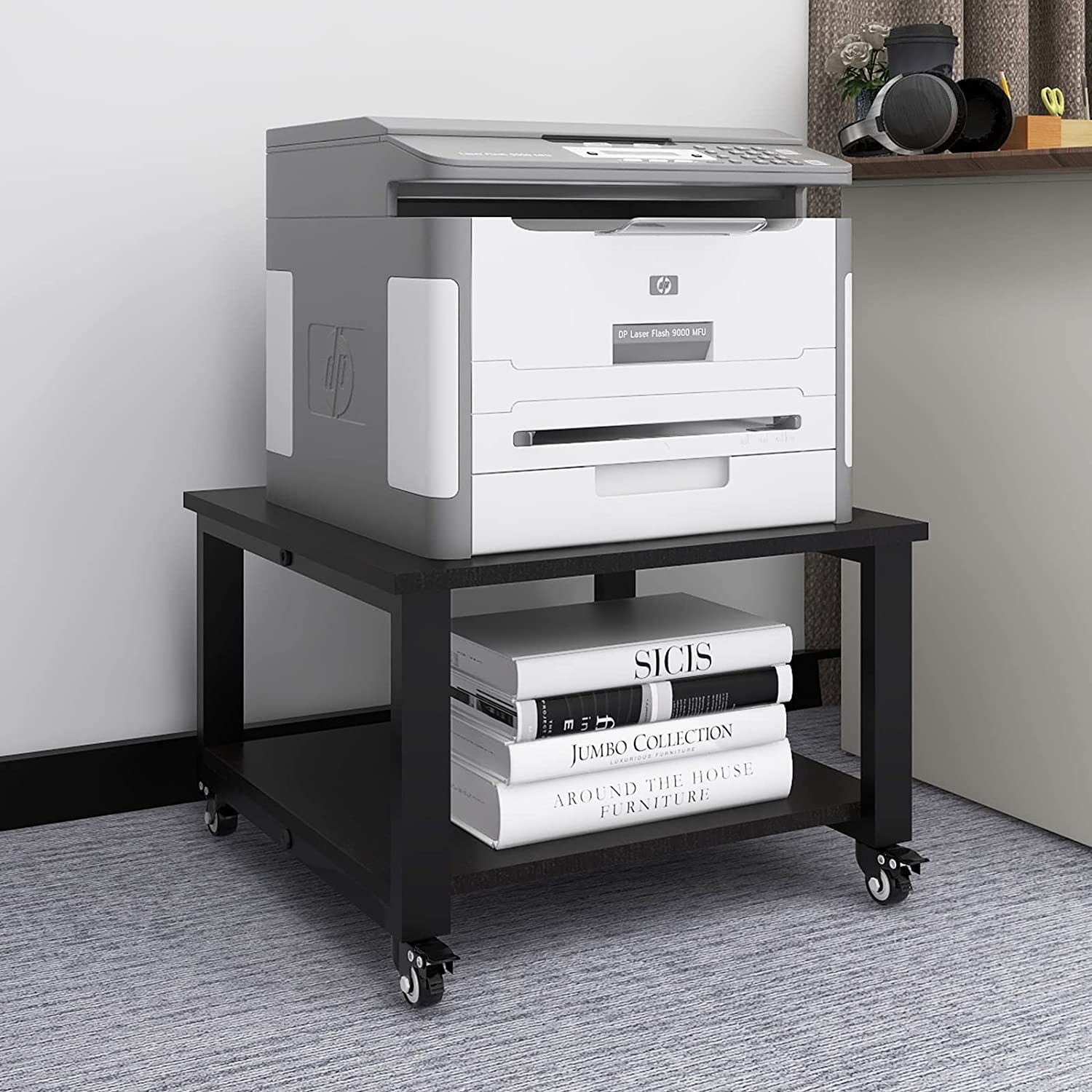 Black Metal and Wood 2-Tier Printer Stand with Wheels