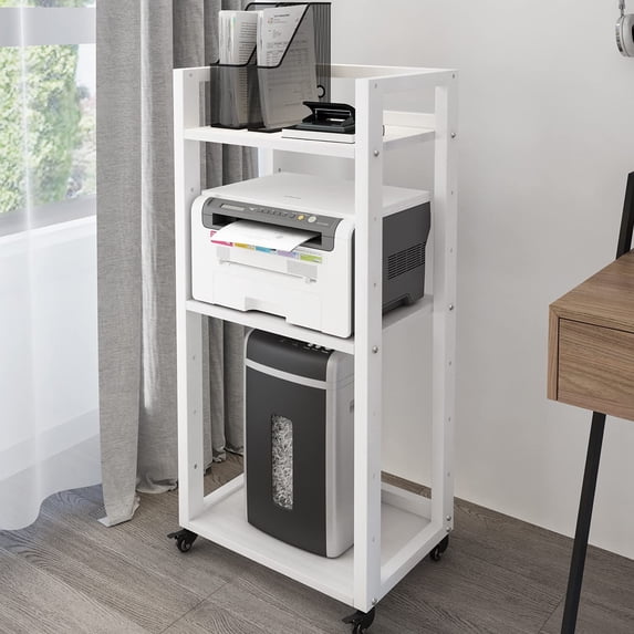 Natwind 3-Tier Movable Printer Stand with Rolling Floor-Standing Adjustable Storage Shelf Rack, White