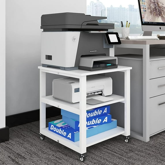 Natwind 3-Tier Printer Stand,Large Printer Table Copier Stand Under Desk,Heavy Duty Rolling Cart with Paper Storage Shelf,Printer Holder on Wheels for Home Office (White)