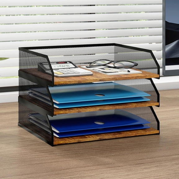 Natwind 3-Tier Stackable Paper Tray, Metal Mesh Desktop Organizer, Sorter, Letter Trays,File Document Storage Rack for Home, Office, School (Retro)