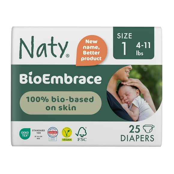 Naty BioEmbrace Baby Newborn Diapers Size 1 I 100% Biobased on Skin | Plant-Based Softness | Dermatologically Tested I Super Absorbent | 25 Count