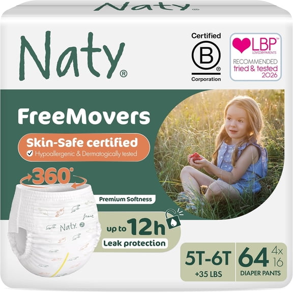 Naty FreeMovers Pull Up Training Pants ensitive Skin | Hypoallergenic Potty Training Underwear | Absorbent & Leak-Proof for Toddler | Soft, Unscented Size 7, 5T–6T (35+ lbs), 64 Count