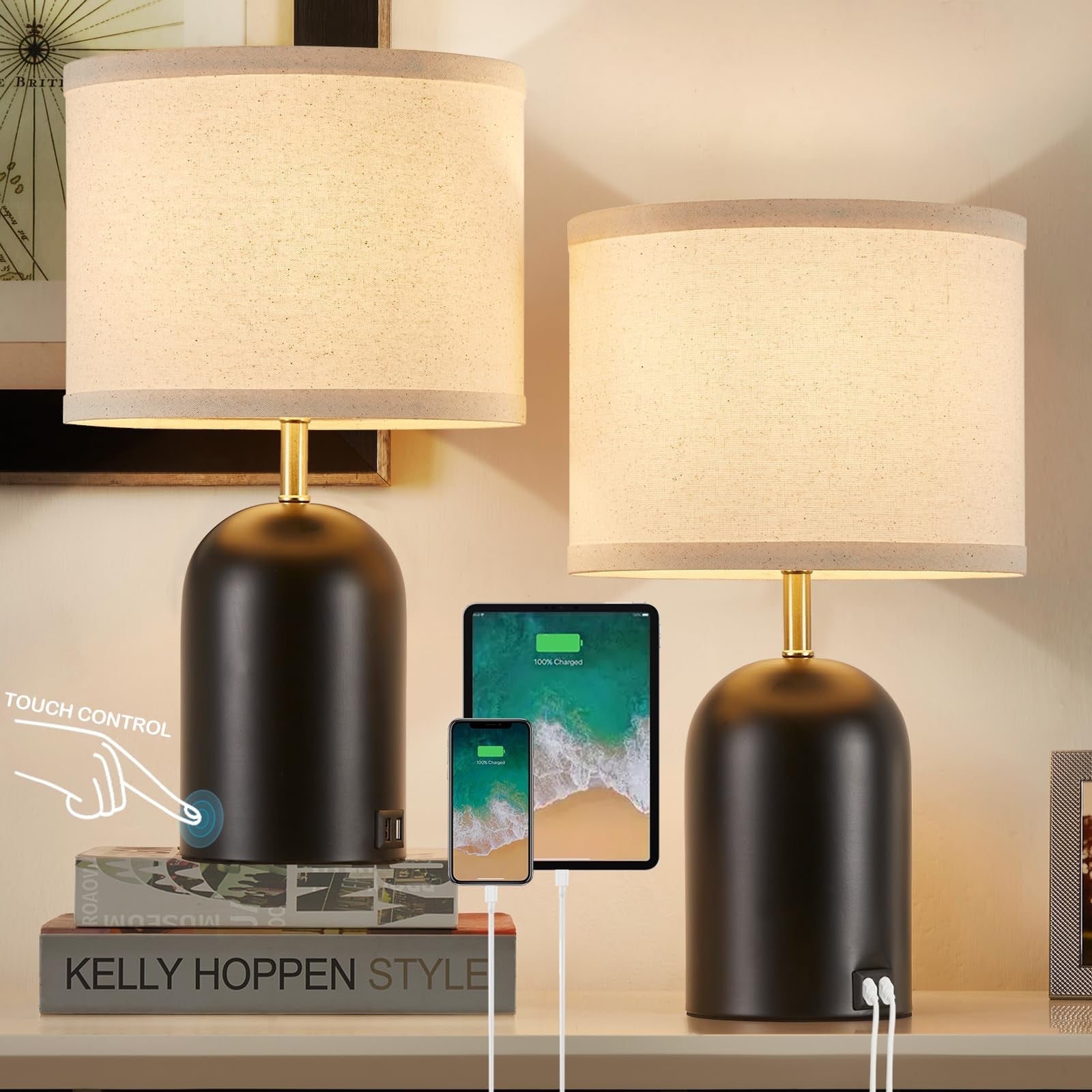 Natyswan Touch Control Table Lamps Set of 2, Modern Bedside Lamp with 2 USB Ports, 3-Way Dimmable Black Nightstand Lamp with Fabric Shade for Living Room Bedroom Office Dorm (LED Bulbs Included)