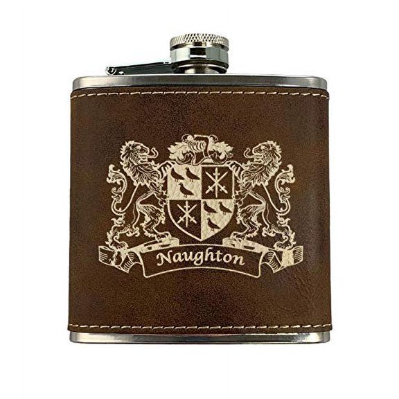 Naughton Irish Coat of Arms Leather Flask - Rustic Brown