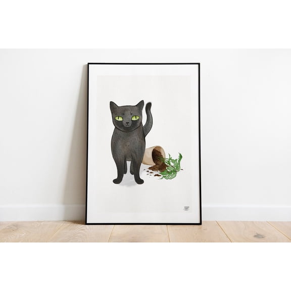 Naughty Black Cat Plant Wall Art Watercolour Decor, Stretched Canvas Size 16x24