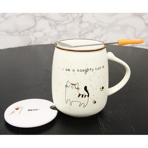 Naughty Calico Cat Porcelain Coffee Tea Mug Cup With Greeting Paw Spoon And Lid