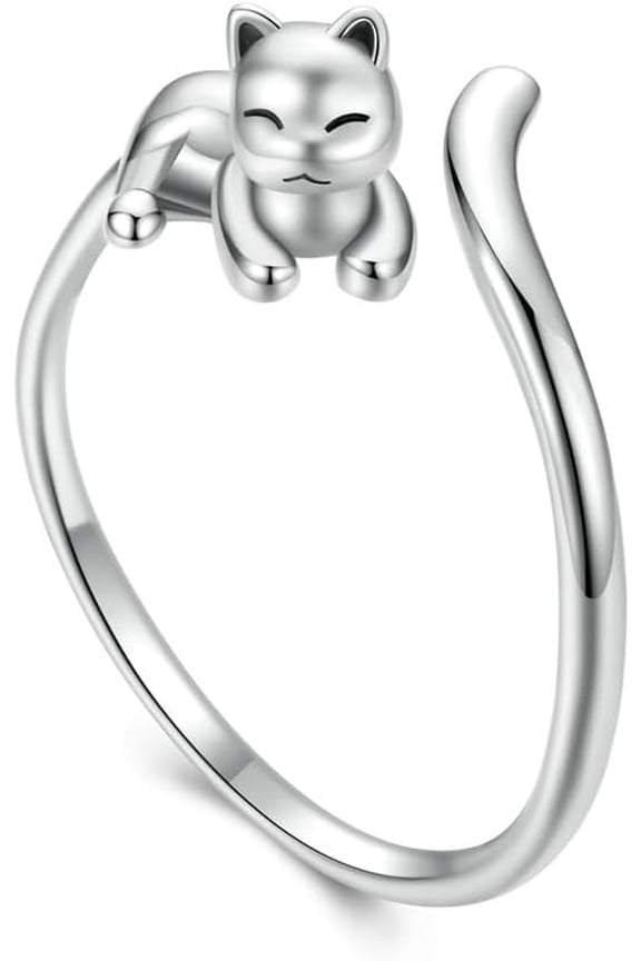 Naughty Cat 925 Sterling Silver Adjustable Open Wrap Ring for Women Expandable Animal Kitten Statement Finger Rings Comfort Fit Fashion Dainty Birthday Wedding Promise Jewelry Gift