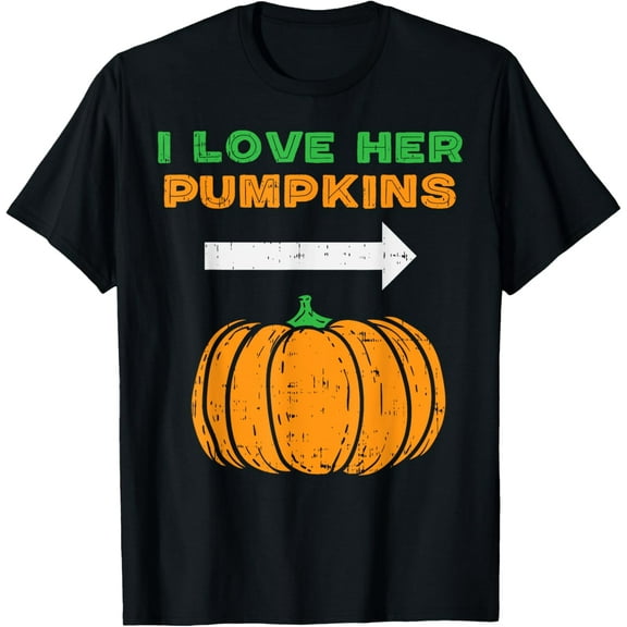 Naughty Love Her Pumpkins Matching Couple Halloween Costume T-Shirt