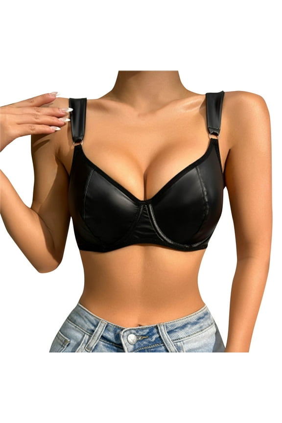 Naughty Outfits for Women Comfortable PU Leather Buckle Strappy Cut Out Bra Underwire Push Up Bralette Womens Underwear
