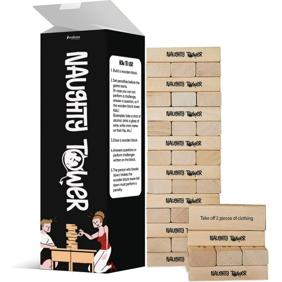 Naughty Tower Adult Stacking Wooden Block Game | Spicy Dare Questions | Fun & Flirty Activity for Date Night, Bedroom, & Couples | 54 Wood Pieces