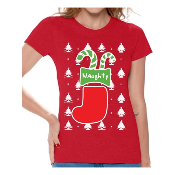 Naughty Womens Shirt Christmas Stocking T-Shirt for Her Xmas 2020 Holiday Shirts Merry Christmas Shirt for Women Happy New Year Tee