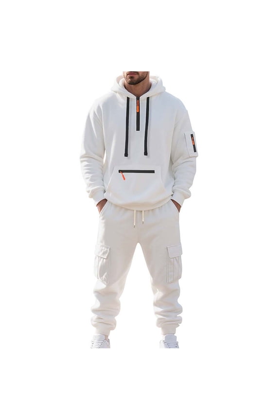 Hoodies for Men Man Style Solid Color Casual Fashion Zipper Pocket Hooded Long Sleeves Shirt Drawstring Waist Workwear Long Pants Sets