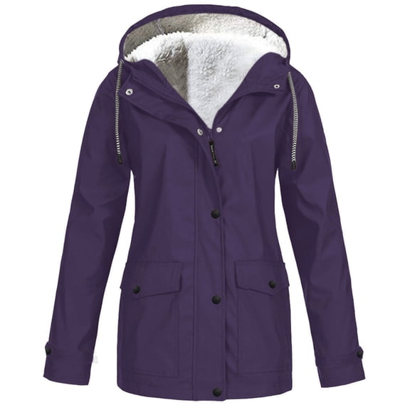 Naughtyhood Jackets for Women,Women Plus Velvet Solid Jackets Outdoor Hooded Raincoat Windproof Purple M