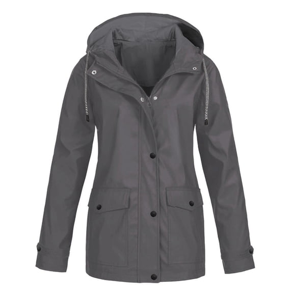 Naughtyhood Jackets for Women,Women Solid Rain Jacket Outdoor Plus Hooded Raincoat Windproof Jackets Solid Outwear Gray L