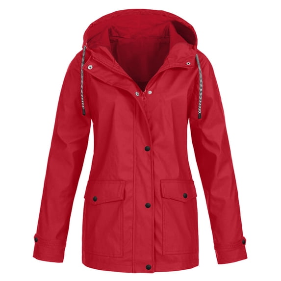 Naughtyhood Jackets for Women,Women Solid Rain Jacket Outdoor Plus Size Hooded Raincoat Windproof Red XL