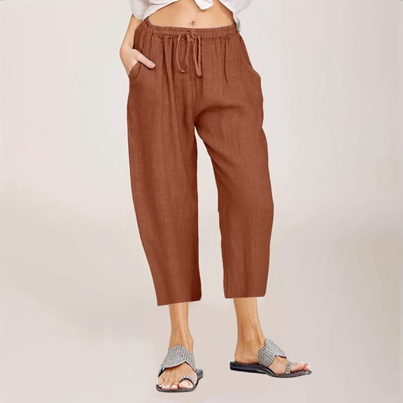 Naughtyhood Lightweight Summer Pants Women Casual Cotton Linen Cropped Pants Elastic Waist Drawstring Wide Leg Capris Trousers Clearance,Orange