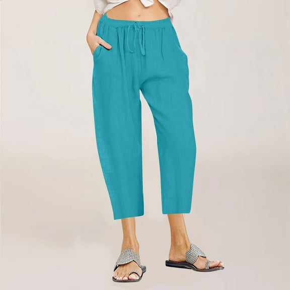 Naughtyhood Lightweight Summer Pants Women Casual Cotton Linen Cropped Pants Elastic Waist Drawstring Wide Leg Capris Trousers