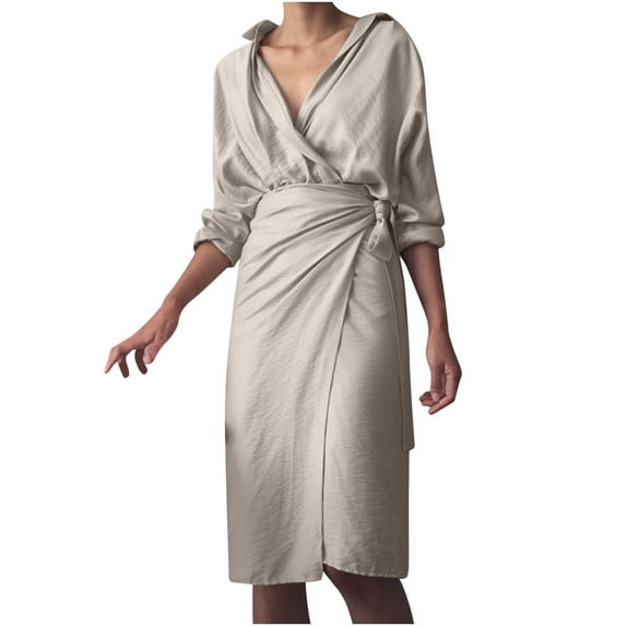 Naughtyhood Plus Size Wrap Dress,Women's New Autumn Irregular Pack Hip Strap Dress V-neck Long Sleeve Solid Color Dress Beige L