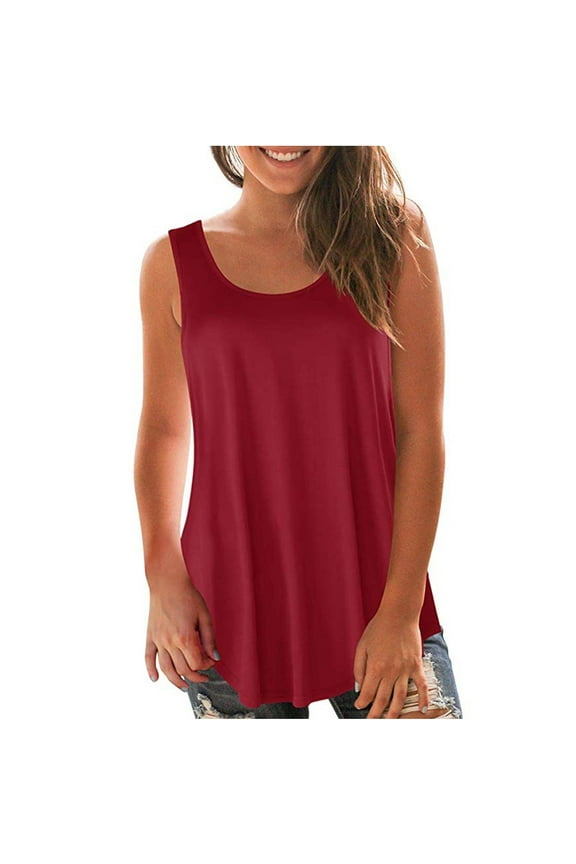 Summer Cotton Tops for Women,Women's Fashion Solid Singlet Round-Neck Loose Sleeveless T-shirt Pullover Tops,Women's Tank Top,Red,L