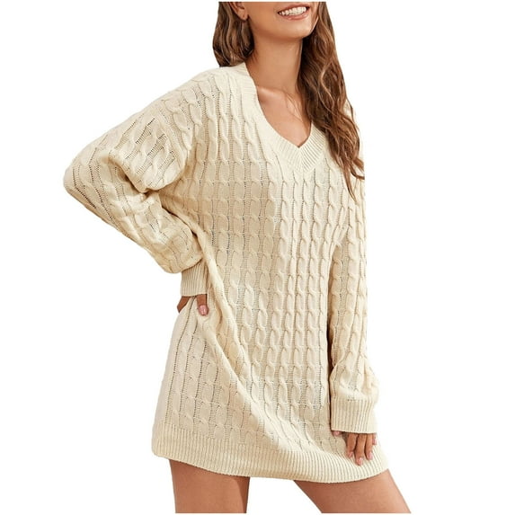 Naughtyhood Sweater Dress for Women,Women Fashion Casual Solid Round Neck Long Sleeve Pullover Knit Sweater Dress Beige L