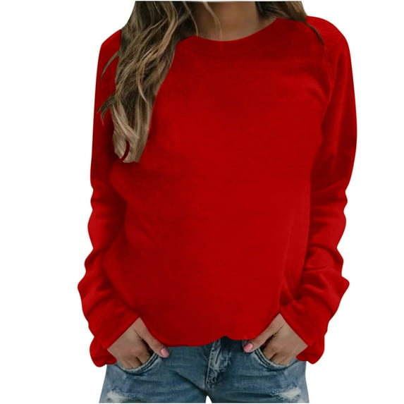 Naughtyhood Sweatshirts,Fashion Women's Casual Long Sleeve Round Neck Solid Ladies Sweatshirt Tops Blouse Red XL