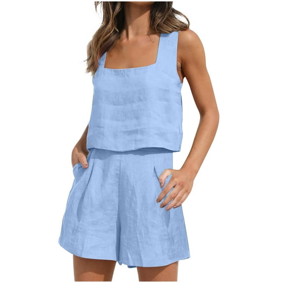 Naughtyhood Two Piece Summer Sets, 2023 Women's Fashion 2 Piece Outfits Sleeveless Crop Top Shorts High Waist Set With Pockets Matching Light Blue L