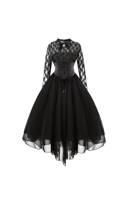 Vintage Dress for Women,Women Fashion Gothic Style Sexy Banquet Festival Dress Lace Vintage Dress Chiffon Long Sleeve Dress Black L