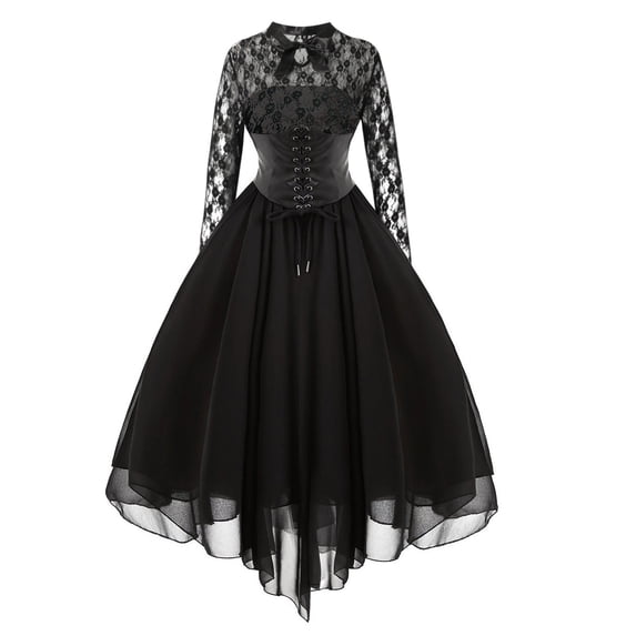 Naughtyhood Vintage Dress for Women,Women Fashion Gothic Style Sexy Banquet Festival Dress Lace Vintage Dress Chiffon Long Sleeve Dress Black M
