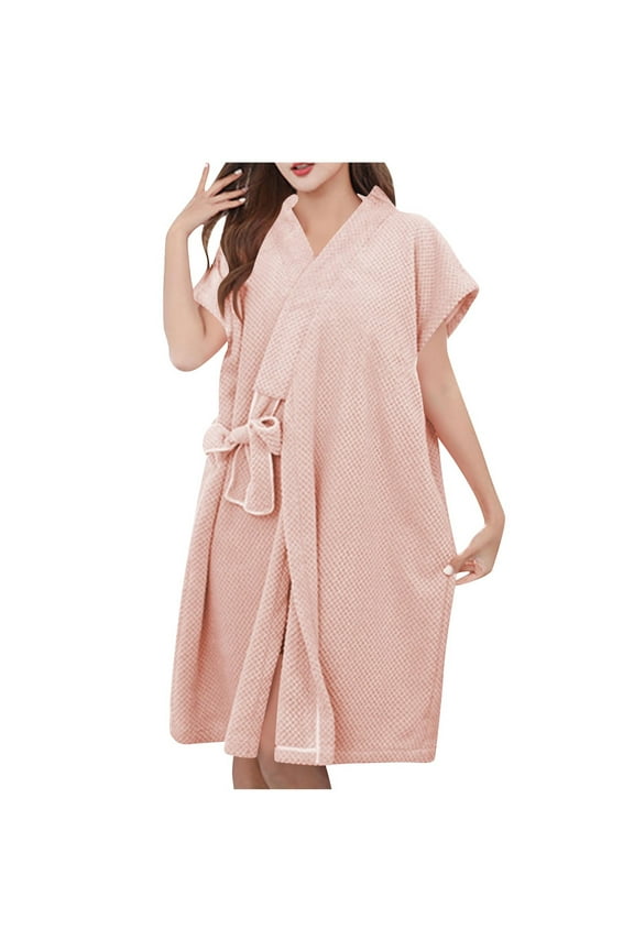 Warm Nightgowns for Women Sleep Dress Women's Sleepwear Women's Thickened Short Sleeve Fleece Plaid Drying Absorbent Bandage Bathrobe Robes