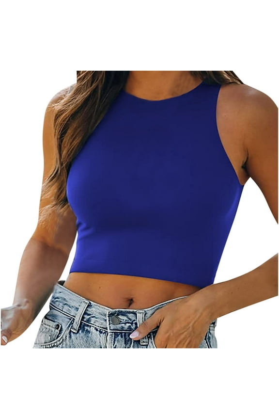 Women Tank Tops,Sexy Casual Women's Sleeveless Solid Round Neck Tops Ladies Blouse Crop Singlet,Women's Tank Top,Blue,M