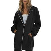 Naughtyhood Women's 2023 Zip Up Long Hoodies Sweatshirts Lightweight Casual Long Sleeve Fall Jacket Hooded Coat with Pockets,Black