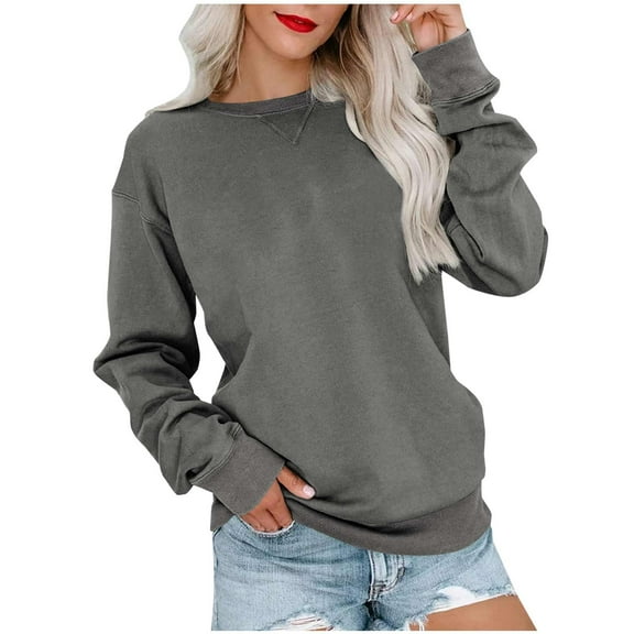 Naughtyhood Women's Fashion Solid T-shirt Loose Long Sleeves Pocket Blouse Round Neck Casual Tops Sweatshirt