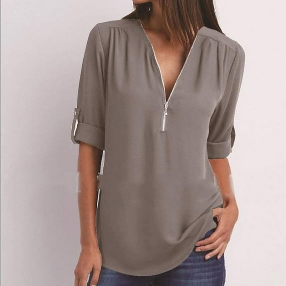 Naughtyhood Women's Clearance Summer Long Sleeve Zip Casual Tunic V-Neck Rollable Blouse Tops