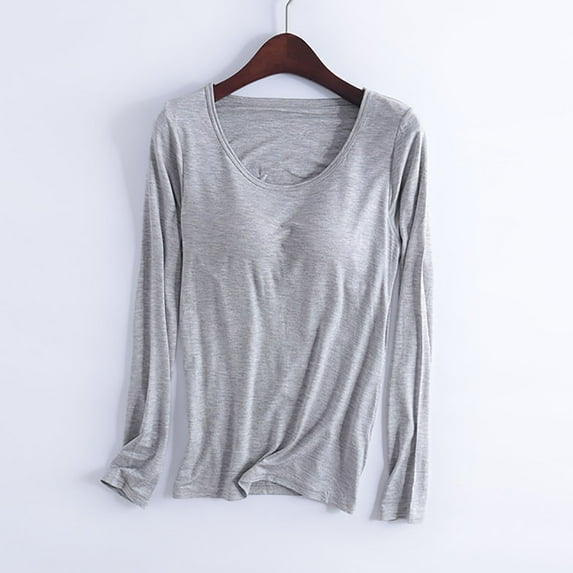 Naughtyhood Women's Color Household Clothes With Chest Pads T-shirt Long Sleeved Pajama Comfortable Base For External Wear Round Neck Nightgown