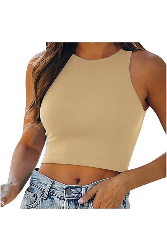 Women's Lingerie Camisoles & Tanks,Sexy Casual Women's Sleeveless Solid Round Neck Tops Ladies Blouse Crop Singlet,Women's Tank Top,Khaki,S