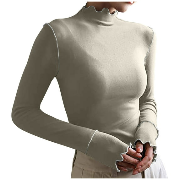 Naughtyhood Women's Winter Bottomed Double-sided Long Sleeve Clothes Tops Turtleneck Solid Color Fallow Commuting Undershirt Fashion Slim Soft Breathable Integral Pullover Tops