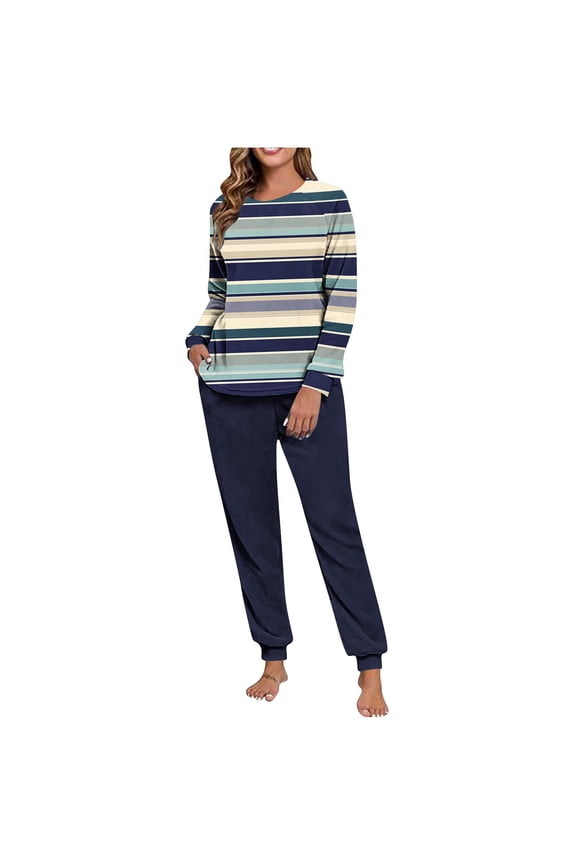 Womens Pajama Sets Pajamas for Women Set Winter Double-sided Fuzz with Printed Round Neck Pullover Long Sleeves Hand Tied Top Drawstring Pants Home Wear Sleepwear for Women,S-XXL