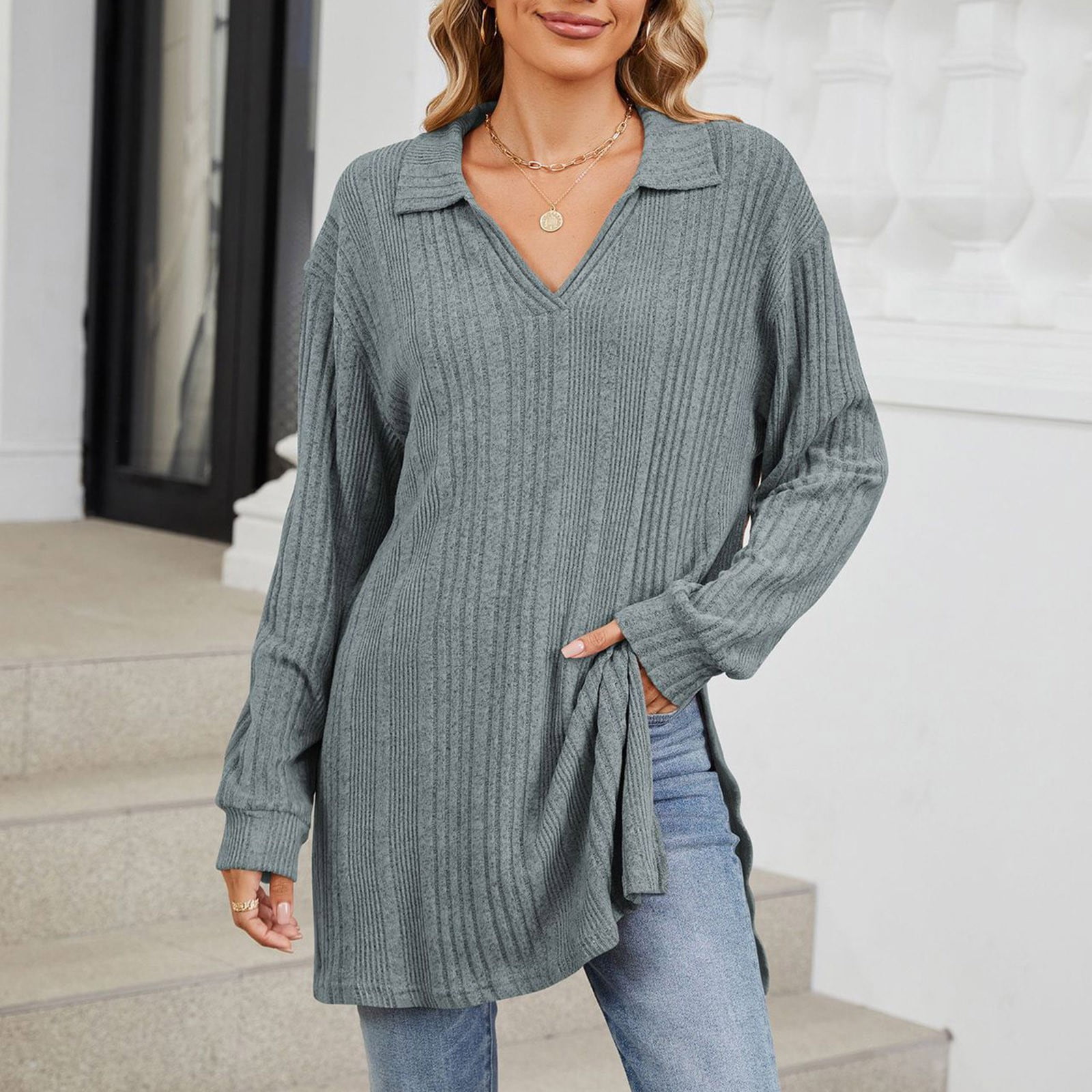 Trouble Curvy + plus Size Lace up V neck  Long Sleeve Top main image 0