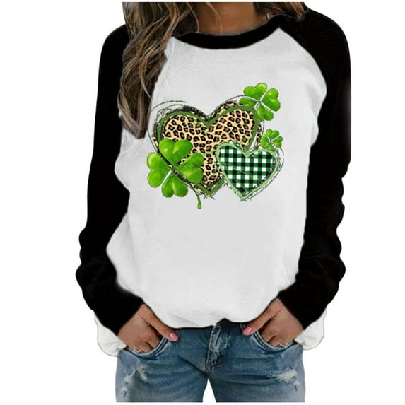 Naughtyhood Womens Shirts,Fashion Women's Spring Patchwork St. Patrick's Day Printed Long Sleeves Round Neck Casual Tee Tops Black L