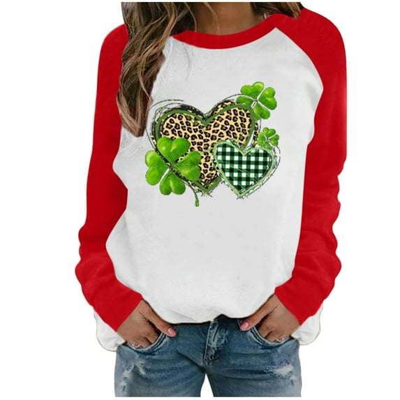 Naughtyhood Womens Shirts,Fashion Women's Spring Patchwork St. Patrick's Day Printed Long Sleeves Round Neck Casual Tee Tops Red XXL