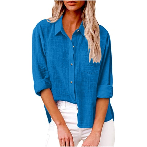 Naughtyhood Womens Shirts,Womens Solid Color Button Down Shirts V Neck Loose Blouse Longt Sleeve Casual Work Tunic Tops With Pocket Light Blue XXXXXL