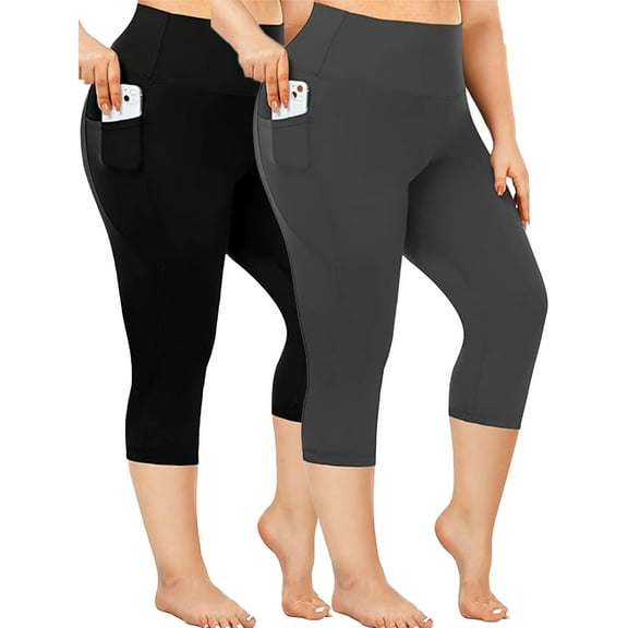 Nausy Yoga Capri Plus Size Leggings for Women with Pockets Tummy Control High Waist Workout Yoga Pants