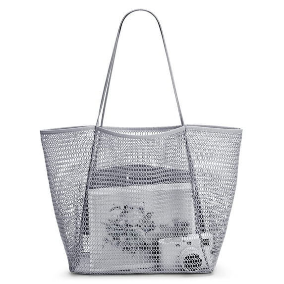 Nausy Beach Bag for Women Mesh Tote Bag Foldable Shoulder Handbags with Zipper Pocket for Vacation, Gray