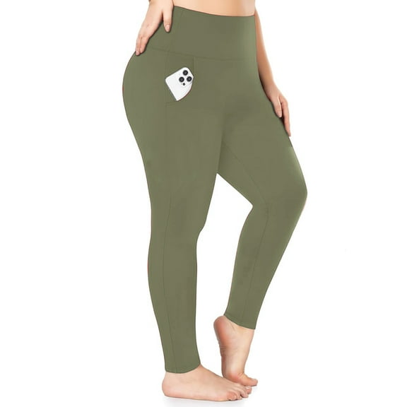 Nausy Women's High Waist Yoga Pants with Pockets Plus Size Leggings Tummy Control Workout Yoga Leggings Green