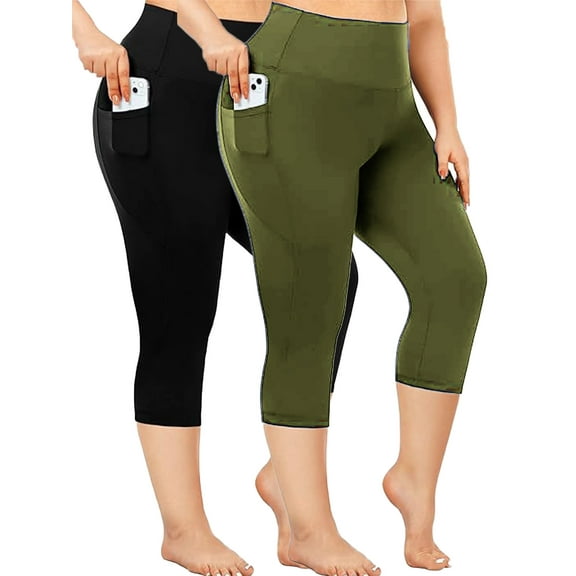 Nausy Yoga Capri Plus Size Leggings for Women with Pockets Tummy Control High Waist Workout Yoga Pants