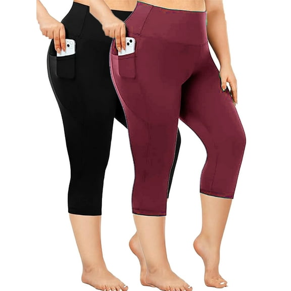 Nausy Yoga Capri Plus Size Leggings for Women with Pockets Tummy Control High Waist Workout Yoga Pants