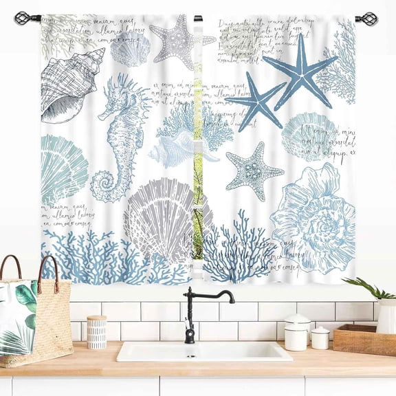 Nautcial Starifish Window Curtains, Beach Theme Coastal Seashell Starfish Blue Coral Rod Pocket Drapes for Bedroom Living Room Kids Room Bathroom Kitchen Window Treatments 2 Panel Sets, 55x39 Inch