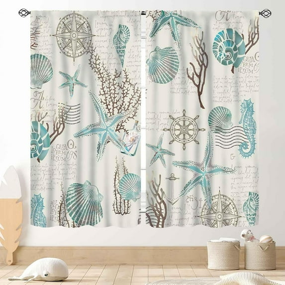 Nautcial Starifish Window Curtains, Beach Theme Coastal Seashell Starfish Blue Coral Rod Pocket Drapes for Bedroom Living Room Kids Room Bathroom Kitchen Window Treatments 2 Panel Sets, 42"x54" Inch