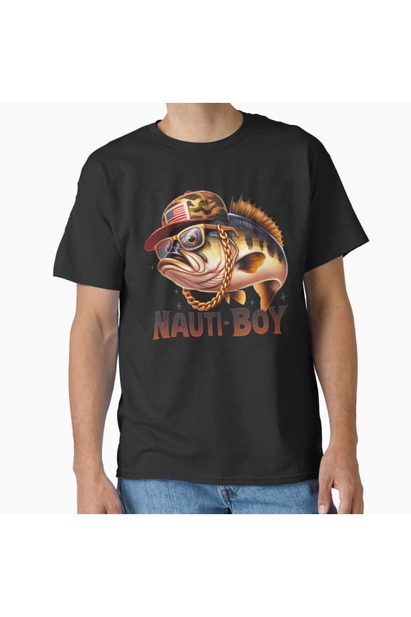 Nauti Boy Funny Bass Fishing Patriotic Outdoors Sport Humor T-Shirt, for Men & Women, up to Size 5XL
