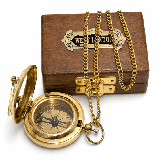 NauticZen Antique Brass Sundial Pocket Compass with Wooden Box & Chain, 1.5 Inch Vintage Nautical Navigation Compass, Collectible Gift for Men, Hiking & Travel Decor